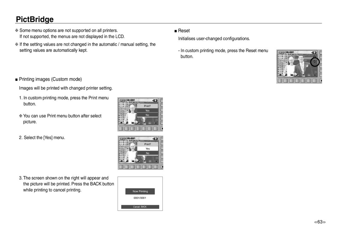 Samsung EC-NV30ZSBA/IT, EC-NV30ZSBA/GB, EC-NV30ZSBA/E2, EC-NV30ZSBA/FR, EC-NV30ZSDA/E3 Reset, Printing images Custom mode 