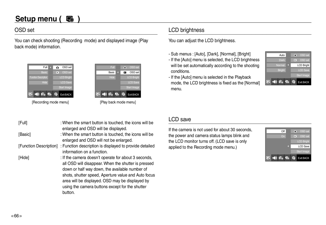 Samsung EC-NV30ZBBB/IT, EC-NV30ZSBA/GB, EC-NV30ZSBA/E2, EC-NV30ZSBA/FR, EC-NV30ZSDA/E3 manual OSD set LCD brightness, LCD save 