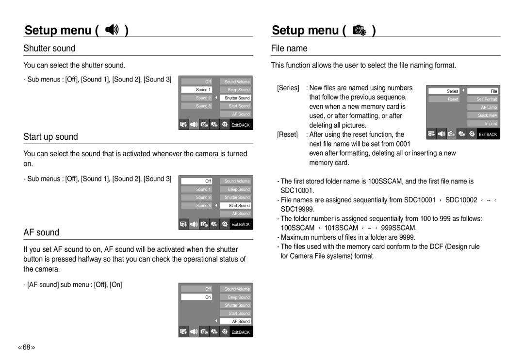 Samsung EC-NV30ZSBB/E1, EC-NV30ZBAA Shutter sound, File name, Start up sound, AF sound, You can select the shutter sound 