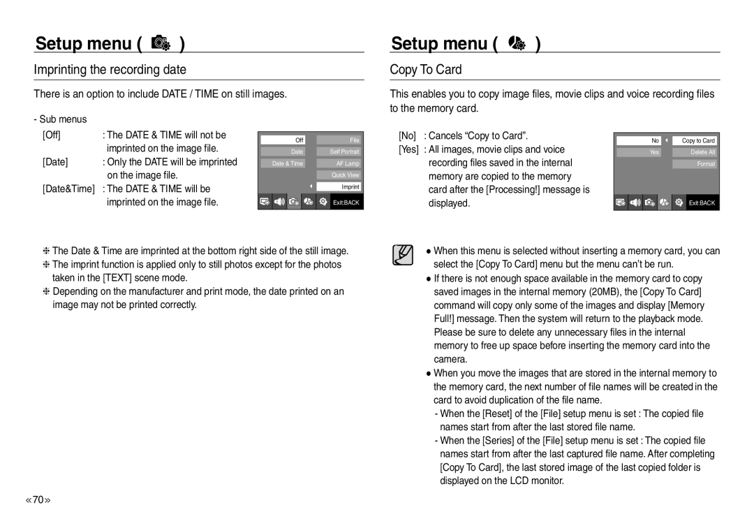 Samsung EC-NV30ZSBB/IT, EC-NV30ZSBA/GB, EC-NV30ZSBA/E2, EC-NV30ZSBA/FR manual Imprinting the recording date, Copy To Card 