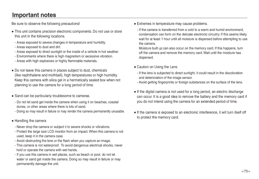 Samsung EC-NV30ZBBA/US, EC-NV30ZBAA Important notes, Sand can be particularly troublesome to cameras, Handling the camera 