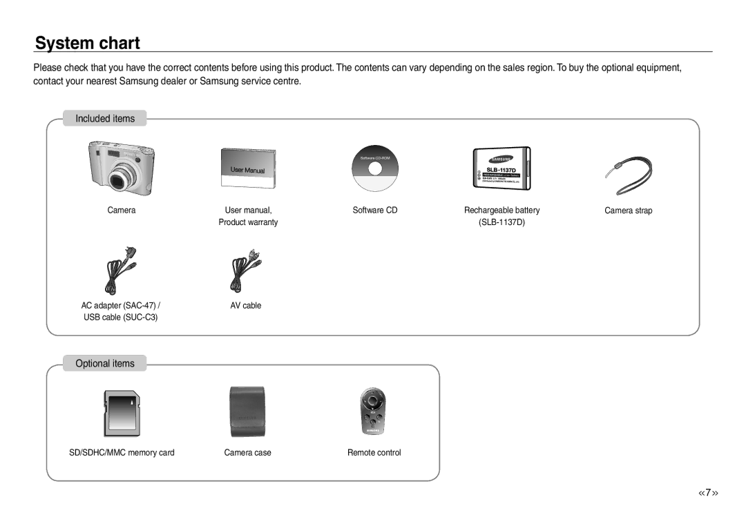 Samsung EC-NV30ZBBB/E1, EC-NV30ZSBA/GB, EC-NV30ZSBA/E2, EC-NV30ZSBA/FR, EC-NV30ZSDA/E3 manual System chart, Optional items 