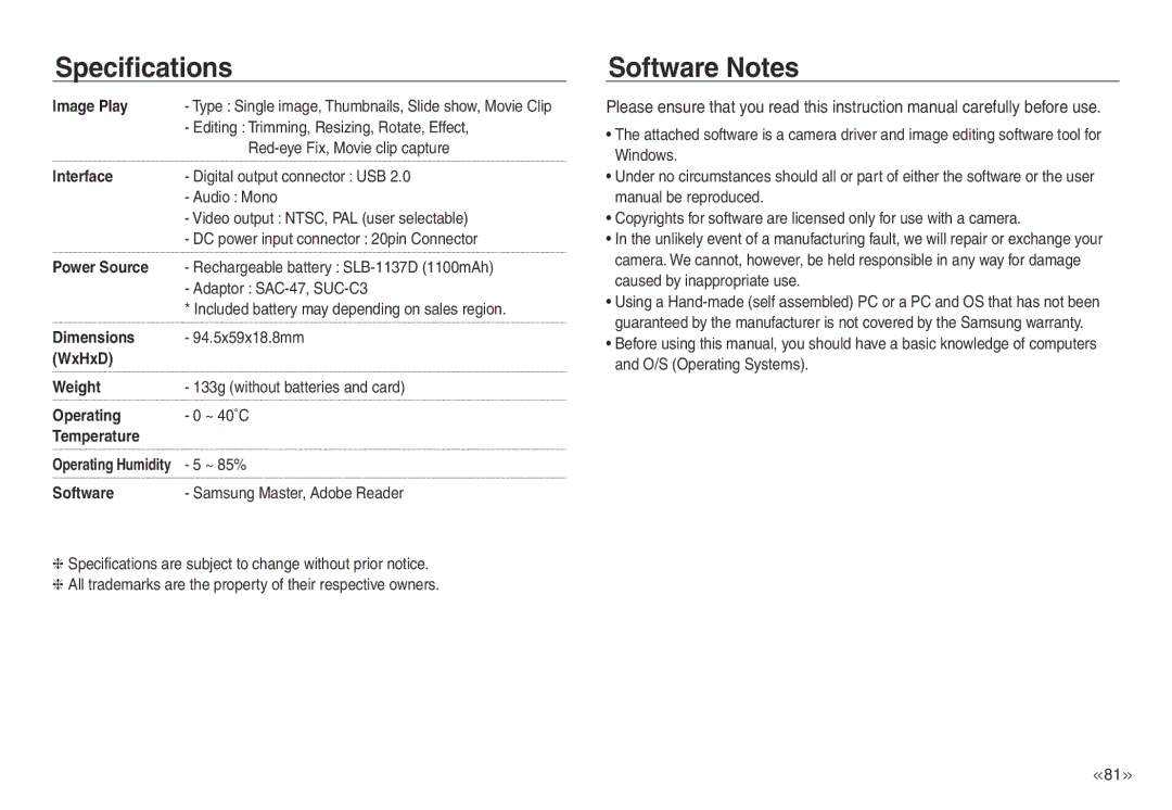 Samsung EC-NV30ZSBB/AS, EC-NV30ZSBA/GB, EC-NV30ZSBA/E2, EC-NV30ZSBA/FR, EC-NV30ZSDA/E3, EC-NV30ZBBA/FR manual Software Notes 