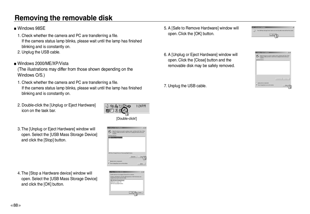 Samsung EC-NV30ZBBB/AS, EC-NV30ZSBA/GB, EC-NV30ZSBA/E2, EC-NV30ZSBA/FR, EC-NV30ZBAA Removing the removable disk, Windows 98SE 