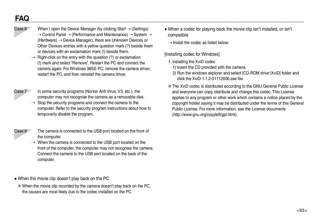 Samsung EC-NV30ZBDC/AS, EC-NV30ZSBA/GB manual When the movie clip doesn’t play back on the PC, Installing codec for Windows 