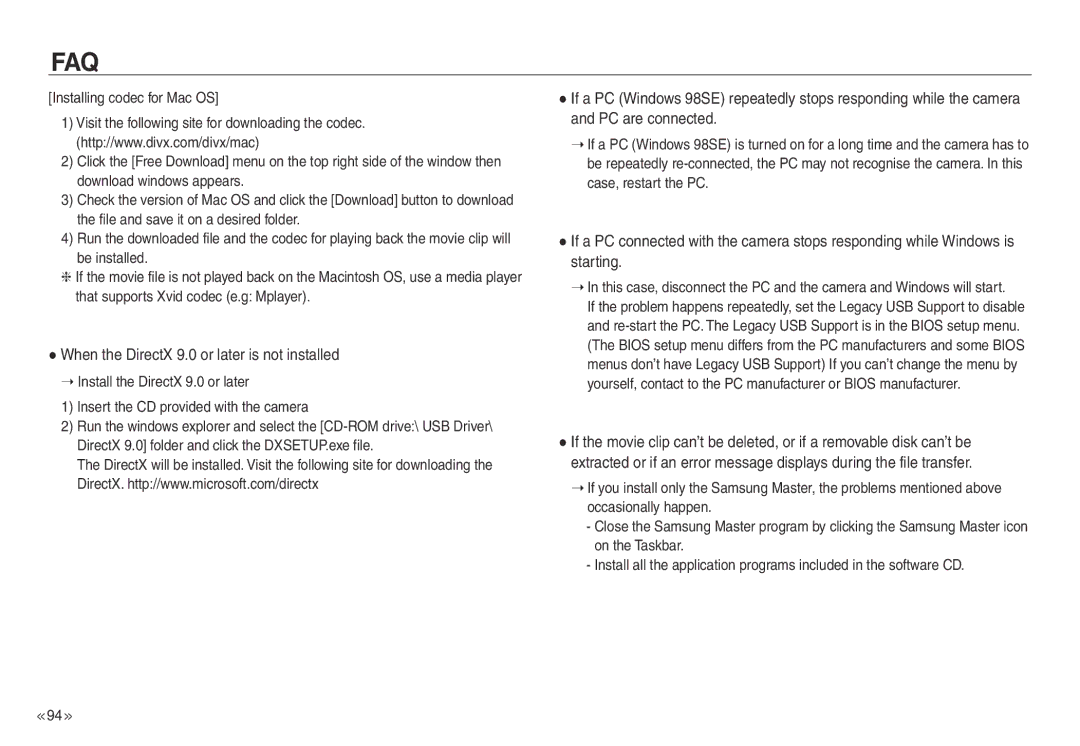 Samsung EC-NV30ZSAA, EC-NV30ZSBA/GB, EC-NV30ZSBA/E2, EC-NV30ZSBA/FR manual When the DirectX 9.0 or later is not installed 