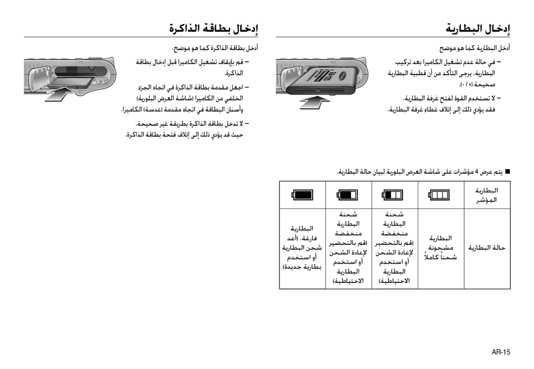 Samsung EC-NV30ZBBA/GB, EC-NV30ZSBA/GB, EC-NV30ZSBA/E2, EC-NV30ZSBA/FR, EC-NV30ZSDA/E3 ةﺮﻛاﺬﻟا ﺔﻗﺎﻄﺑ لﺎﺧدإ ﺔﻳرﺎﻄﺒﻟا لﺎﺧدإ 