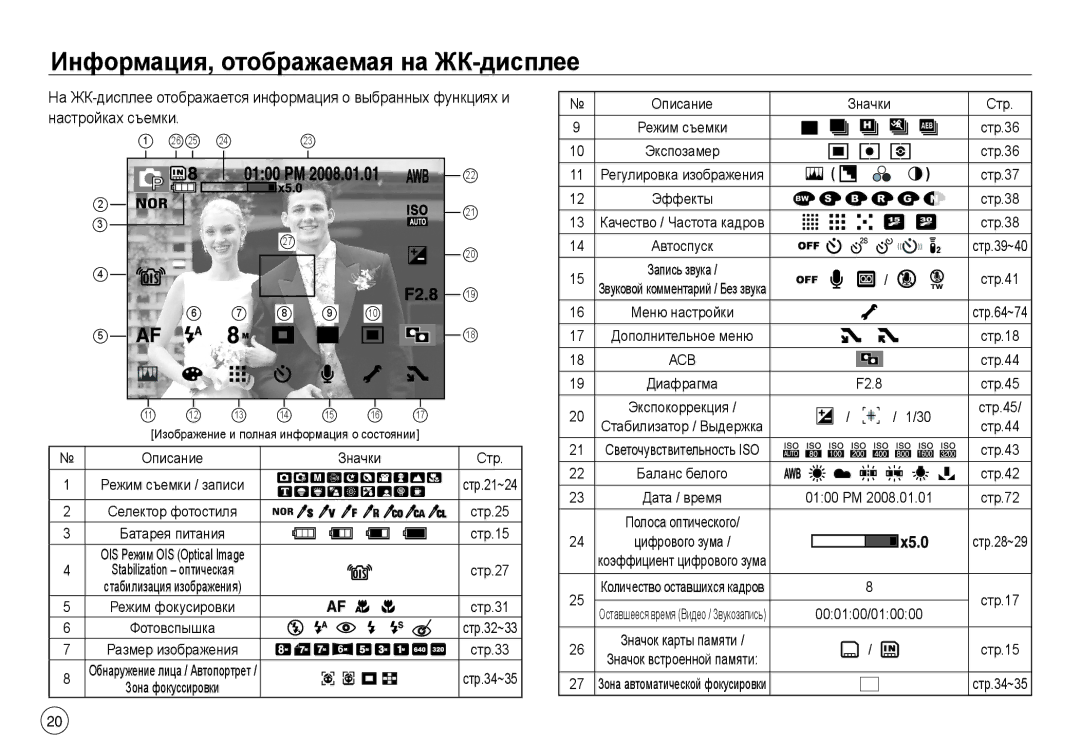 Samsung EC-NV30ZSBA/TW, EC-NV30ZSBA/GB, EC-NV30ZSBA/E2, EC-NV30ZSBA/FR manual Информация, отображаемая на ЖК-дисплее, Значки 