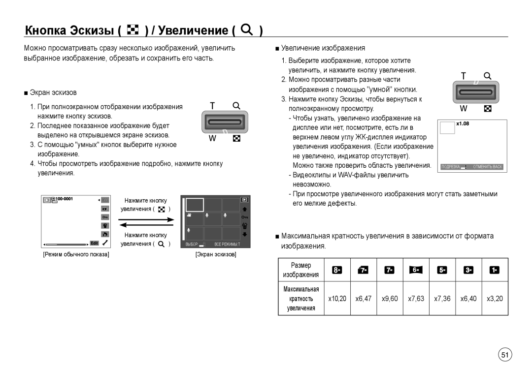 Samsung EC-NV30ZSBA/AU, EC-NV30ZSBA/GB, EC-NV30ZSBA/E2 Кнопка Эскизы / Увеличение, Экран эскизов, Увеличение изображения 