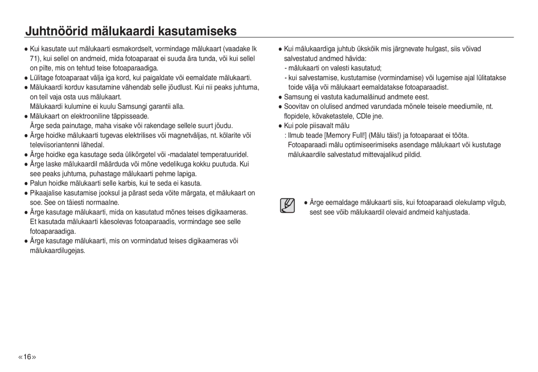 Samsung EC-NV30ZBBA/RU, EC-NV30ZSBA/RU manual Juhtnöörid mälukaardi kasutamiseks 