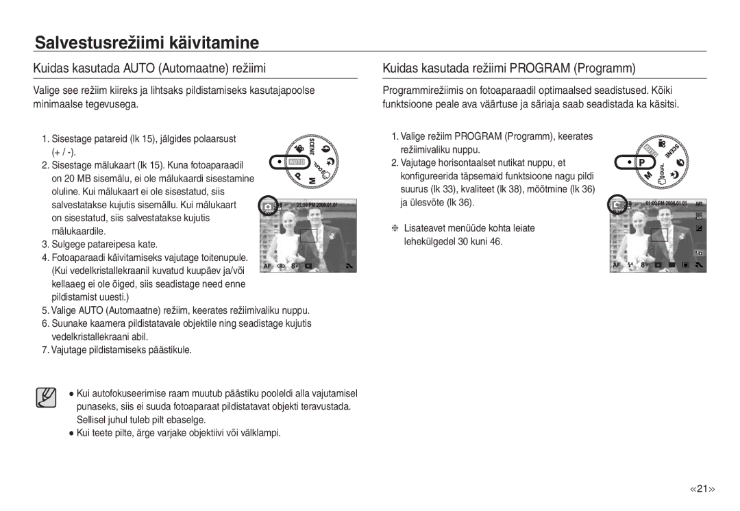 Samsung EC-NV30ZSBA/RU, EC-NV30ZBBA/RU manual Salvestusrežiimi käivitamine, Kuidas kasutada Auto Automaatne režiimi 