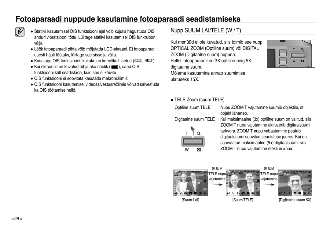 Samsung EC-NV30ZBBA/RU, EC-NV30ZSBA/RU manual Nupp Suum LAI/TELE W / T, Optiline suum Tele, Objekt läheneb 