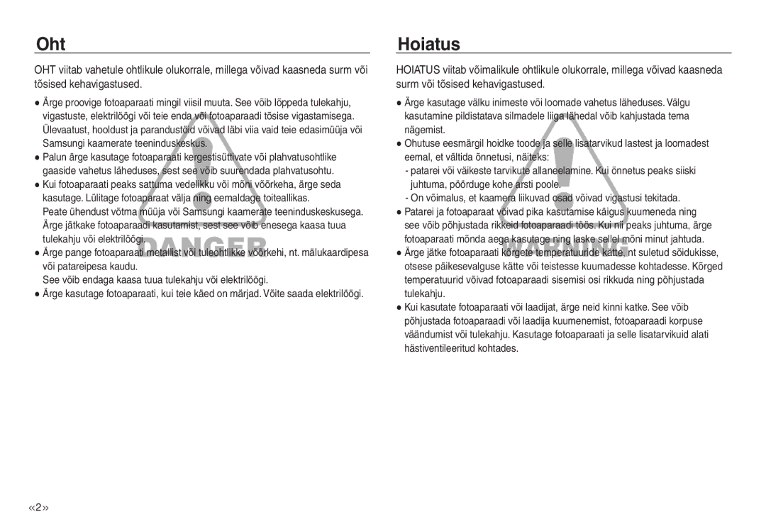 Samsung EC-NV30ZBBA/RU, EC-NV30ZSBA/RU manual Oht, Hoiatus 