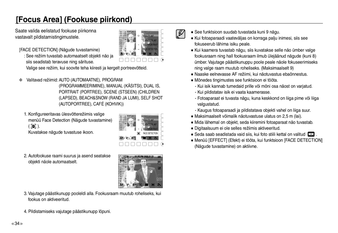 Samsung EC-NV30ZBBA/RU, EC-NV30ZSBA/RU manual Saate valida eelistatud fookuse piirkonna, Vastavalt pildistamistingimustele 