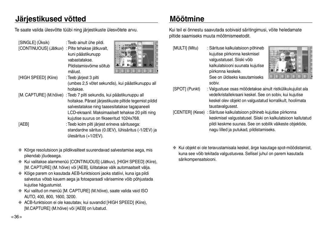 Samsung EC-NV30ZBBA/RU, EC-NV30ZSBA/RU manual Järjestikused võtted, Mõõtmine, Aeb 