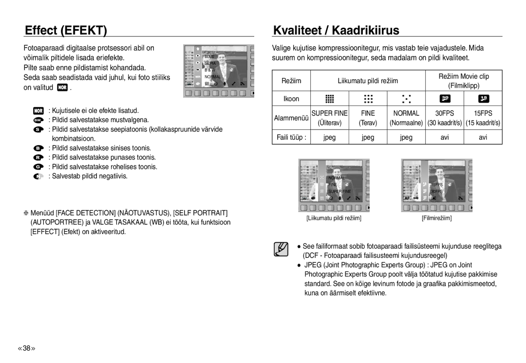 Samsung EC-NV30ZBBA/RU manual Effect Efekt, Kvaliteet / Kaadrikiirus, Pilte saab enne pildistamist kohandada, On valitud 