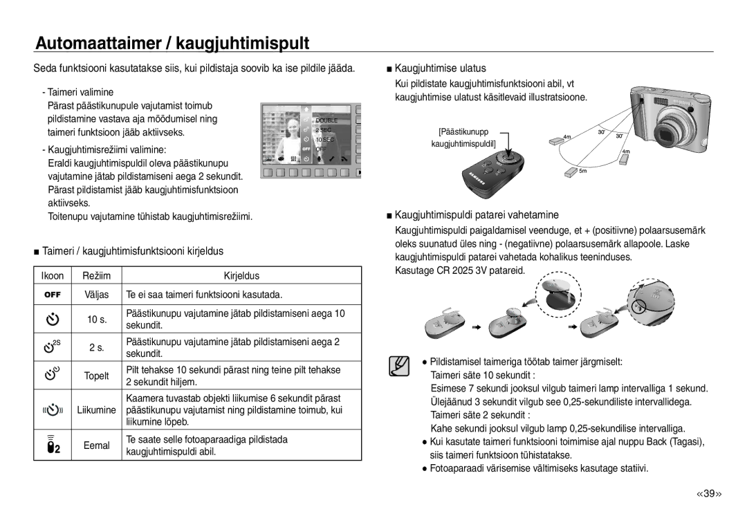 Samsung EC-NV30ZSBA/RU, EC-NV30ZBBA/RU manual Automaattaimer / kaugjuhtimispult, Taimeri / kaugjuhtimisfunktsiooni kirjeldus 