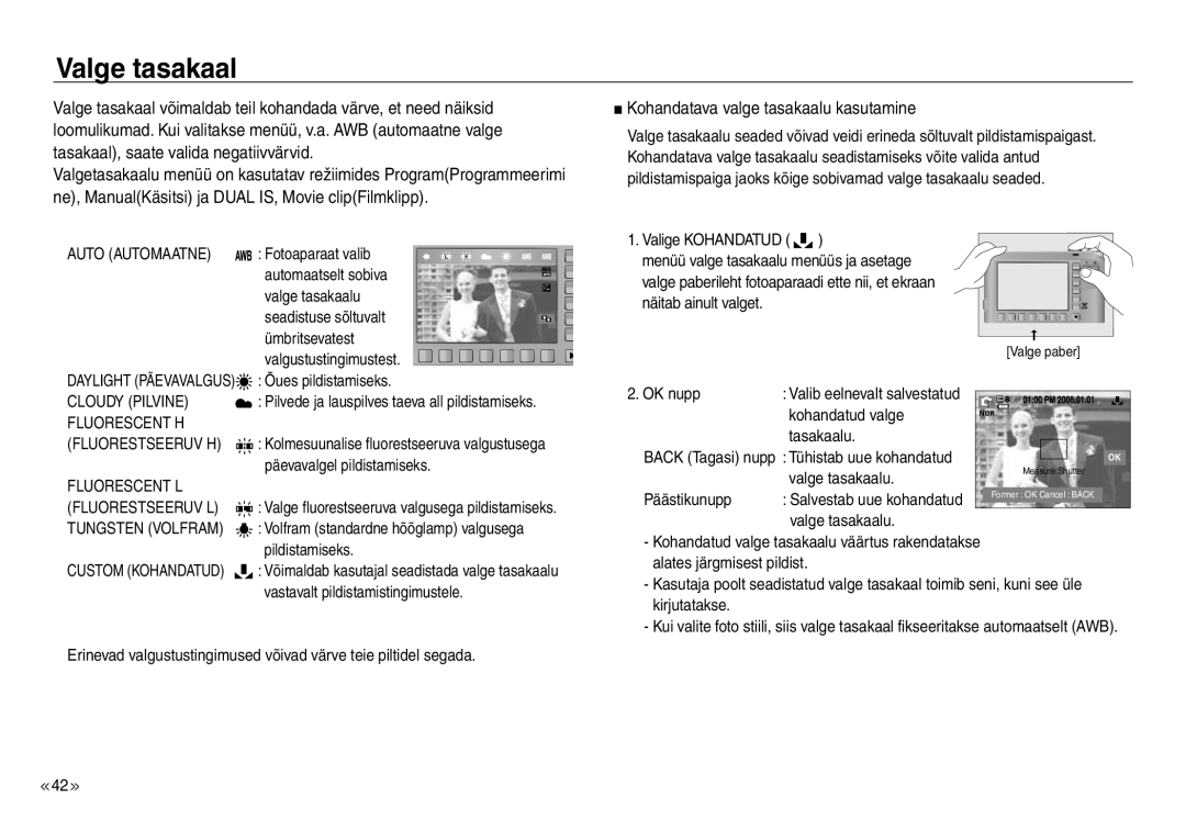 Samsung EC-NV30ZBBA/RU, EC-NV30ZSBA/RU manual Valge tasakaal, Kohandatava valge tasakaalu kasutamine 