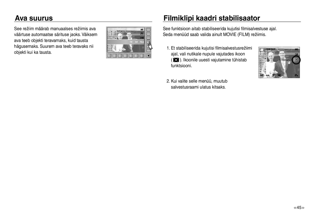 Samsung EC-NV30ZSBA/RU, EC-NV30ZBBA/RU manual Ava suurus, Filmiklipi kaadri stabilisaator, Funktsiooni 