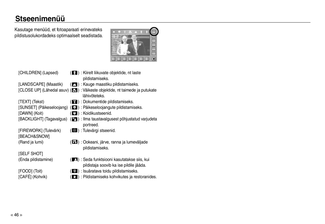 Samsung EC-NV30ZBBA/RU, EC-NV30ZSBA/RU manual Stseenimenüü, Beach&Snow, Self Shot 