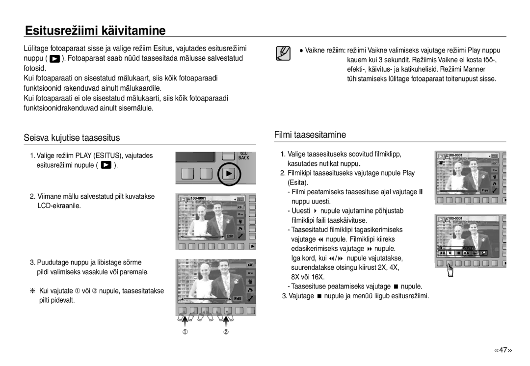 Samsung EC-NV30ZSBA/RU, EC-NV30ZBBA/RU manual Esitusrežiimi käivitamine, Seisva kujutise taasesitus, Filmi taasesitamine 