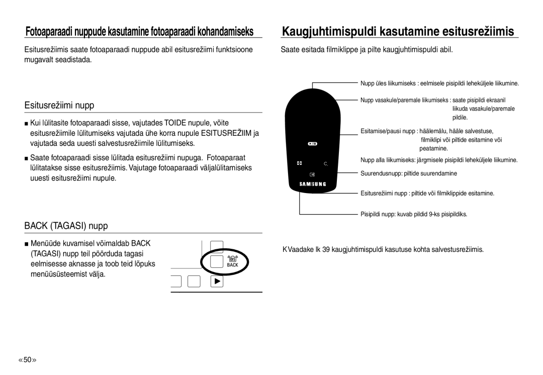 Samsung EC-NV30ZBBA/RU, EC-NV30ZSBA/RU manual Esitusrežiimi nupp, Back Tagasi nupp, Menüüde kuvamisel võimaldab Back 