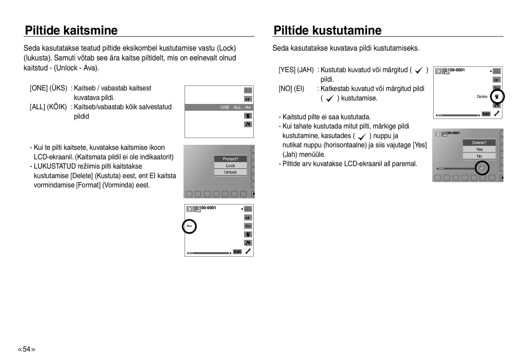 Samsung EC-NV30ZBBA/RU, EC-NV30ZSBA/RU manual Piltide kaitsmine, Piltide kustutamine 