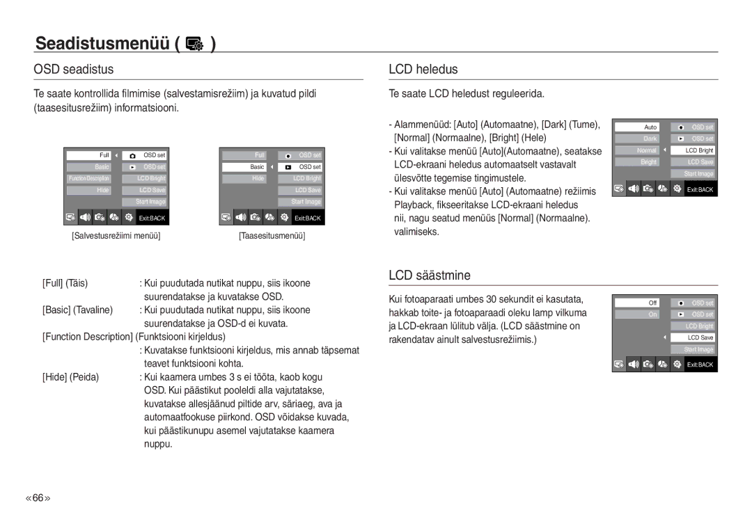 Samsung EC-NV30ZBBA/RU, EC-NV30ZSBA/RU manual OSD seadistus LCD heledus, LCD säästmine 