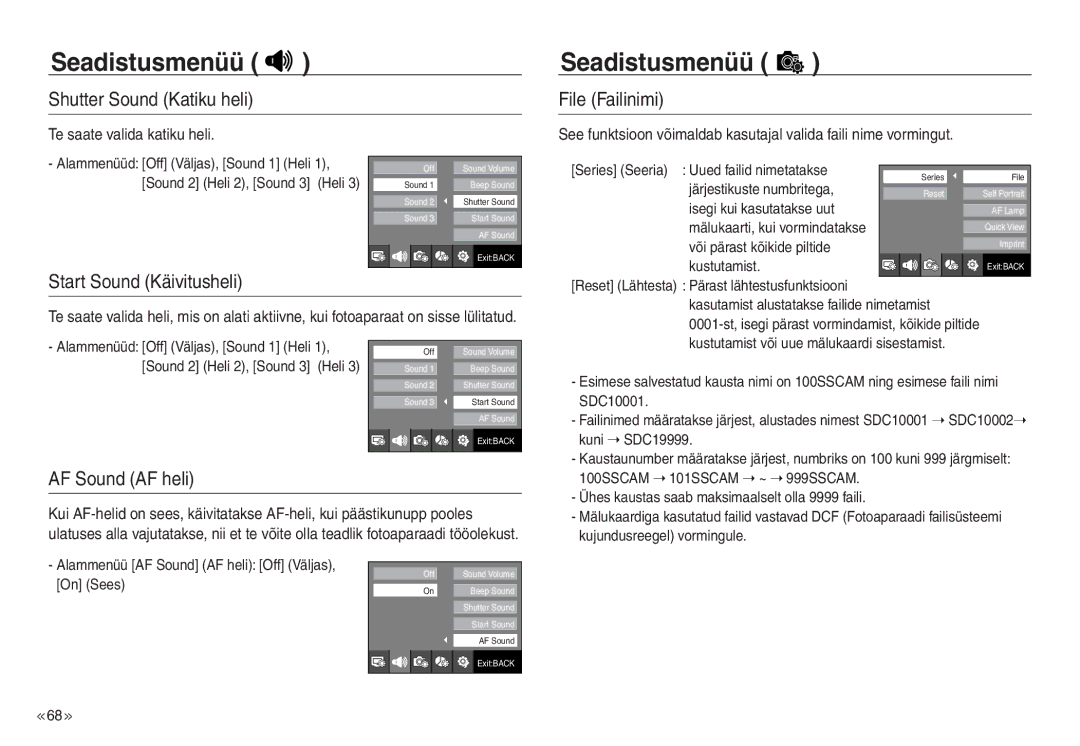 Samsung EC-NV30ZBBA/RU manual Shutter Sound Katiku heli, File Failinimi, Start Sound Käivitusheli, AF Sound AF heli 