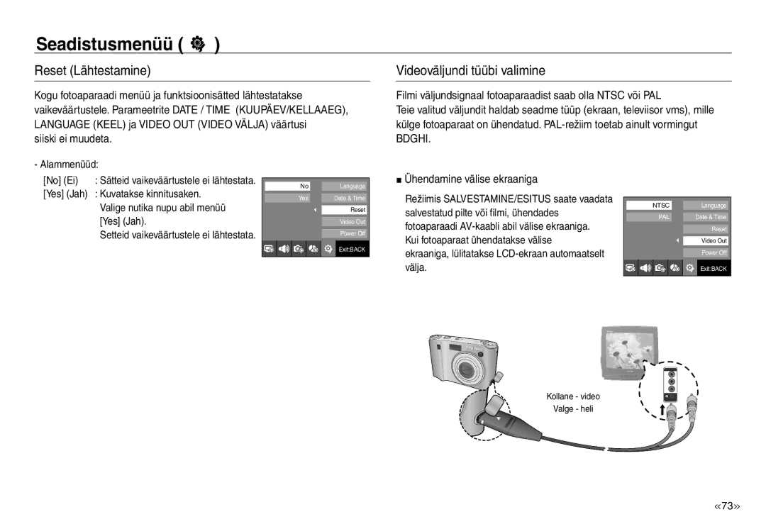 Samsung EC-NV30ZSBA/RU Reset Lähtestamine, Videoväljundi tüübi valimine, Siiski ei muudeta, Ühendamine välise ekraaniga 