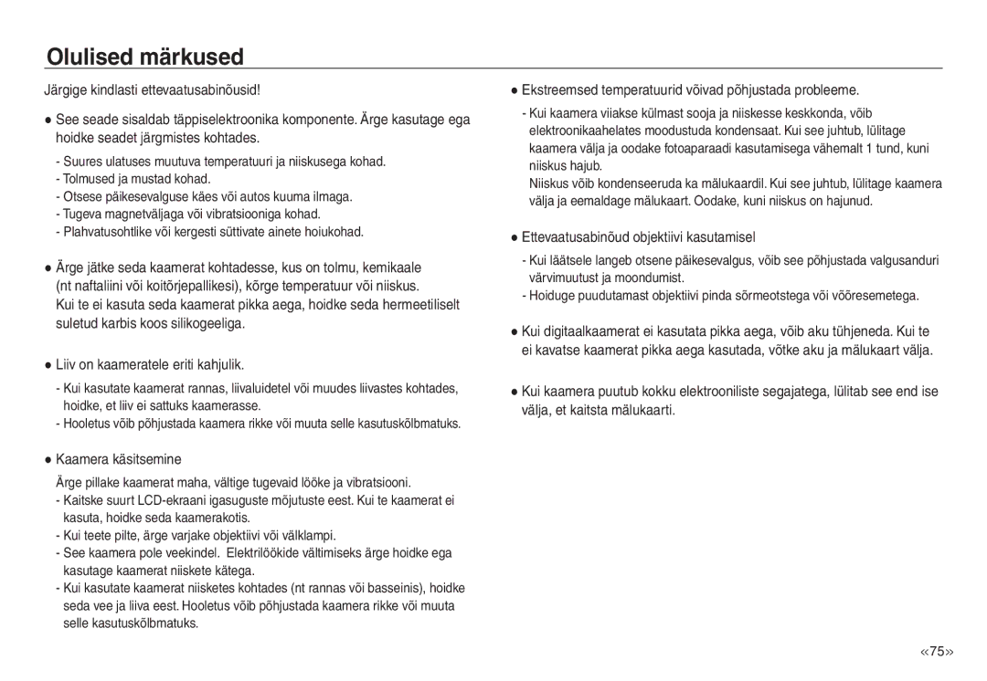 Samsung EC-NV30ZSBA/RU manual Olulised märkused, Kaamera käsitsemine, Ekstreemsed temperatuurid võivad põhjustada probleeme 