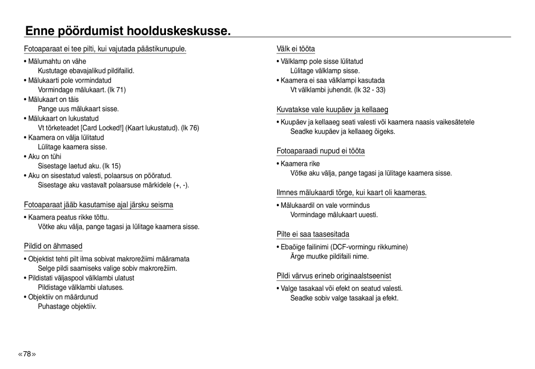 Samsung EC-NV30ZBBA/RU manual Fotoaparaat ei tee pilti, kui vajutada päästikunupule, Pildid on ähmased, Välk ei tööta 