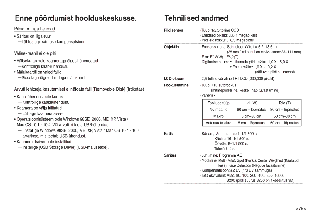 Samsung EC-NV30ZSBA/RU, EC-NV30ZBBA/RU manual Tehnilised andmed, Pildid on liiga heledad, Välisekraanil ei ole pilti 