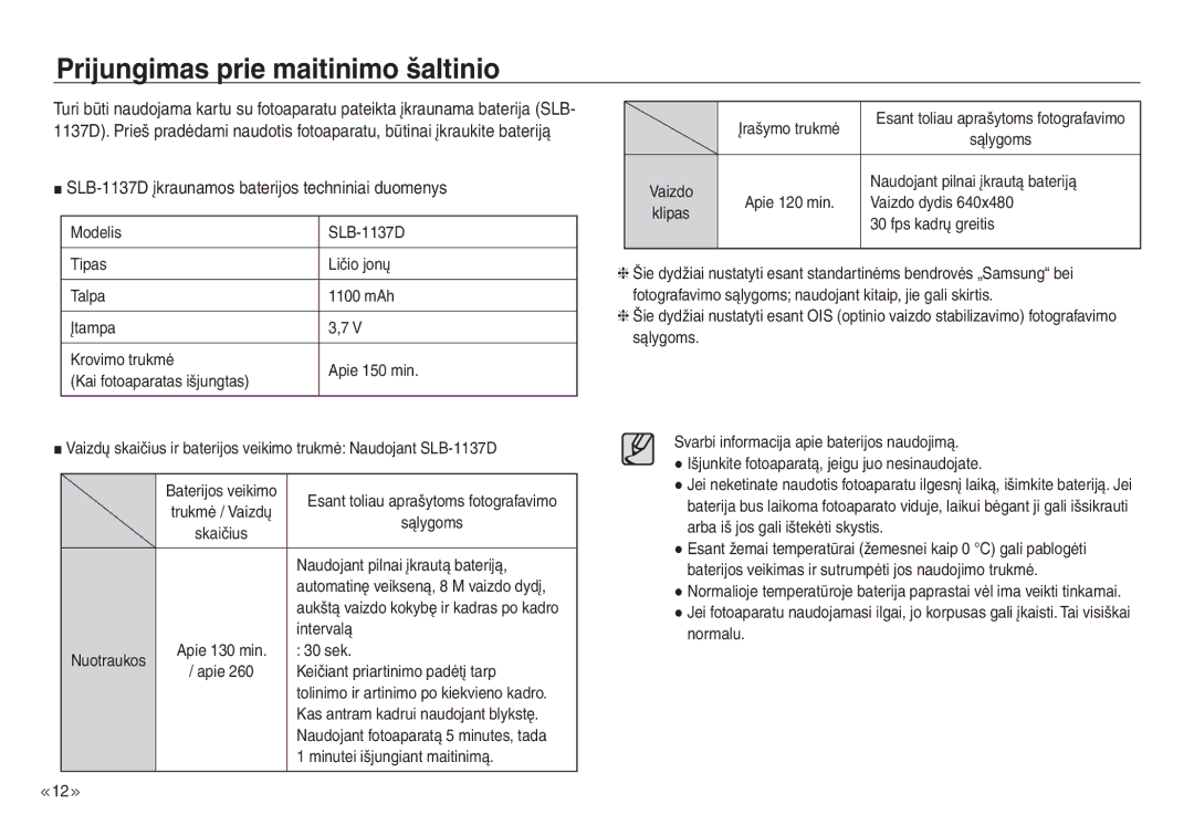 Samsung EC-NV30ZBBA/RU manual Prijungimas prie maitinimo šaltinio, SLB-1137D įkraunamos baterijos techniniai duomenys 