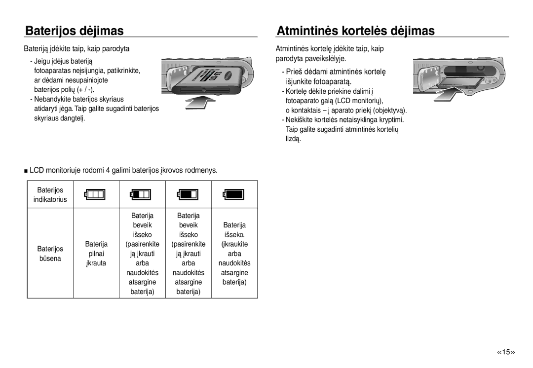 Samsung EC-NV30ZSBA/RU manual Baterijos dėjimas Atmintinės kortelės dėjimas, Parodyta paveikslėlyje, Išjunkite fotoaparatą 