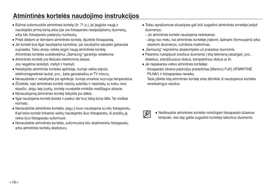 Samsung EC-NV30ZBBA/RU, EC-NV30ZSBA/RU manual Atmintinės kortelės naudojimo instrukcijos 