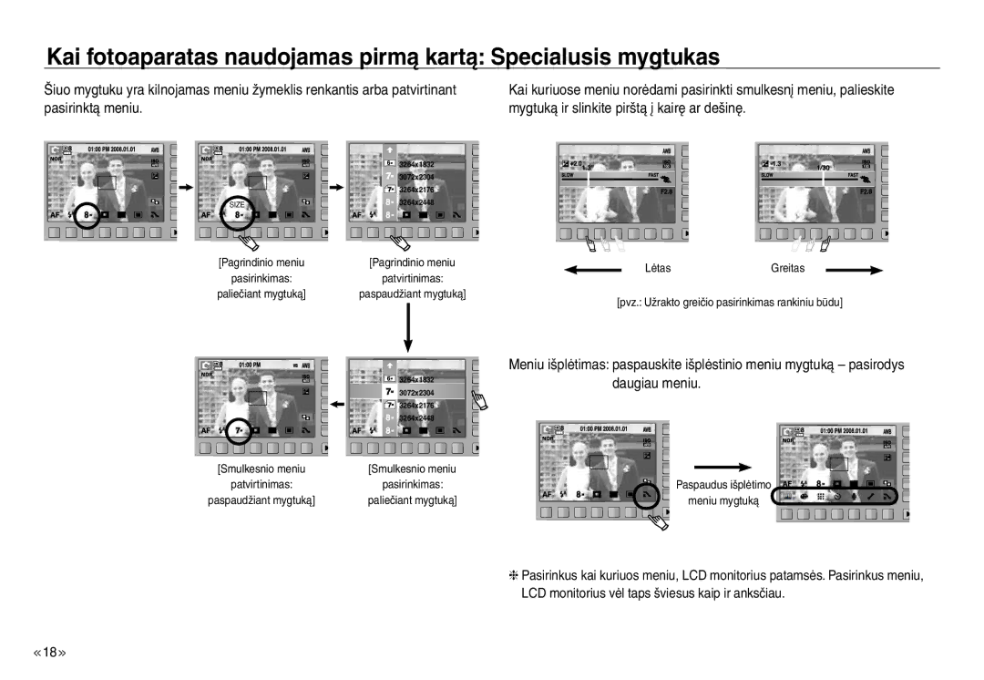 Samsung EC-NV30ZBBA/RU, EC-NV30ZSBA/RU manual Kai fotoaparatas naudojamas pirmą kartą Specialusis mygtukas 