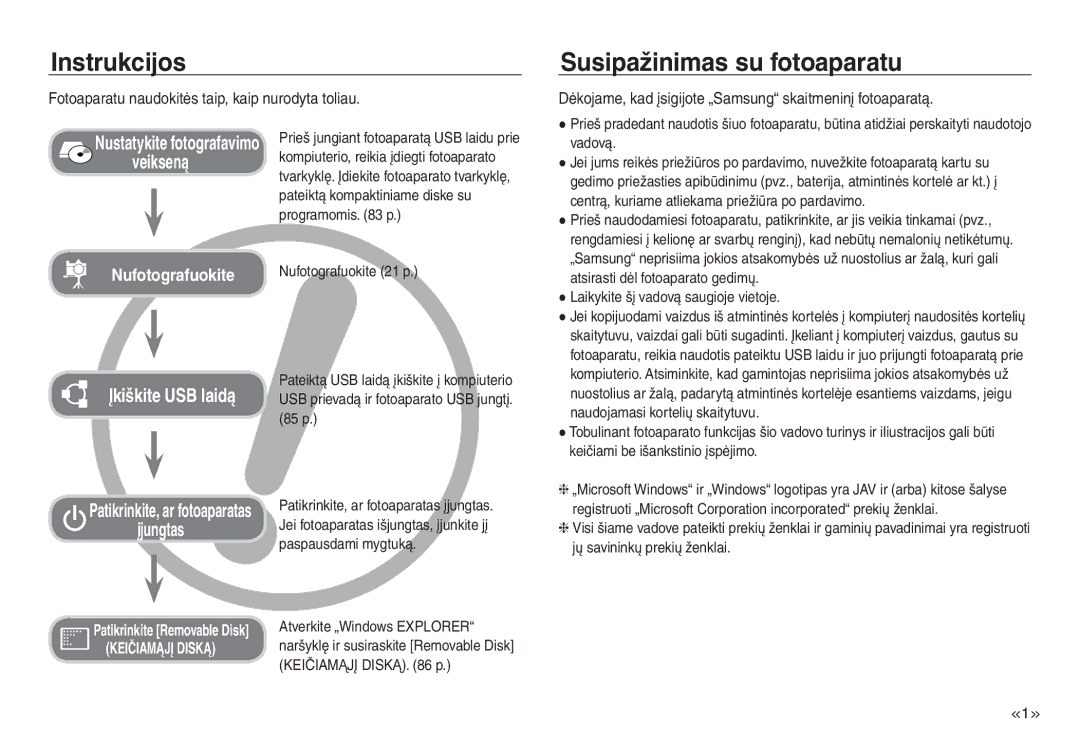 Samsung EC-NV30ZSBA/RU manual Instrukcijos, Susipažinimas su fotoaparatu, Fotoaparatu naudokitės taip, kaip nurodyta toliau 