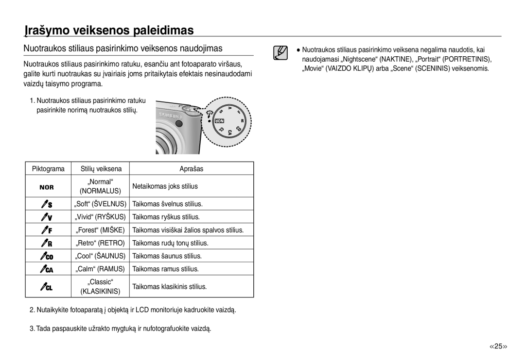 Samsung EC-NV30ZSBA/RU, EC-NV30ZBBA/RU manual Nuotraukos stiliaus pasirinkimo veiksenos naudojimas 