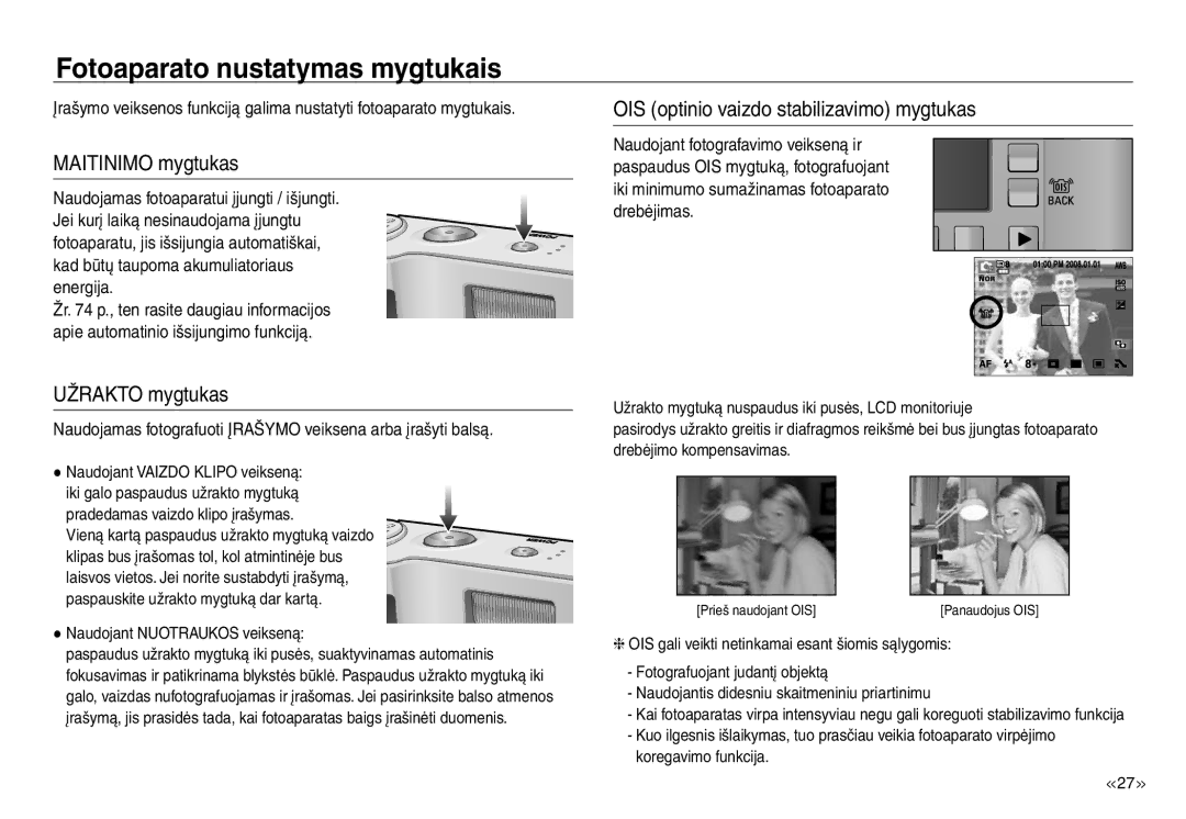 Samsung EC-NV30ZSBA/RU, EC-NV30ZBBA/RU manual Fotoaparato nustatymas mygtukais, Maitinimo mygtukas, Užrakto mygtukas 