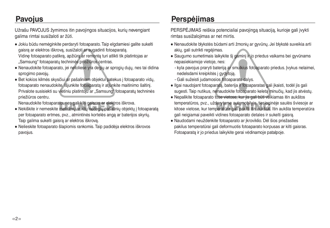 Samsung EC-NV30ZBBA/RU, EC-NV30ZSBA/RU manual Pavojus, Perspėjimas 