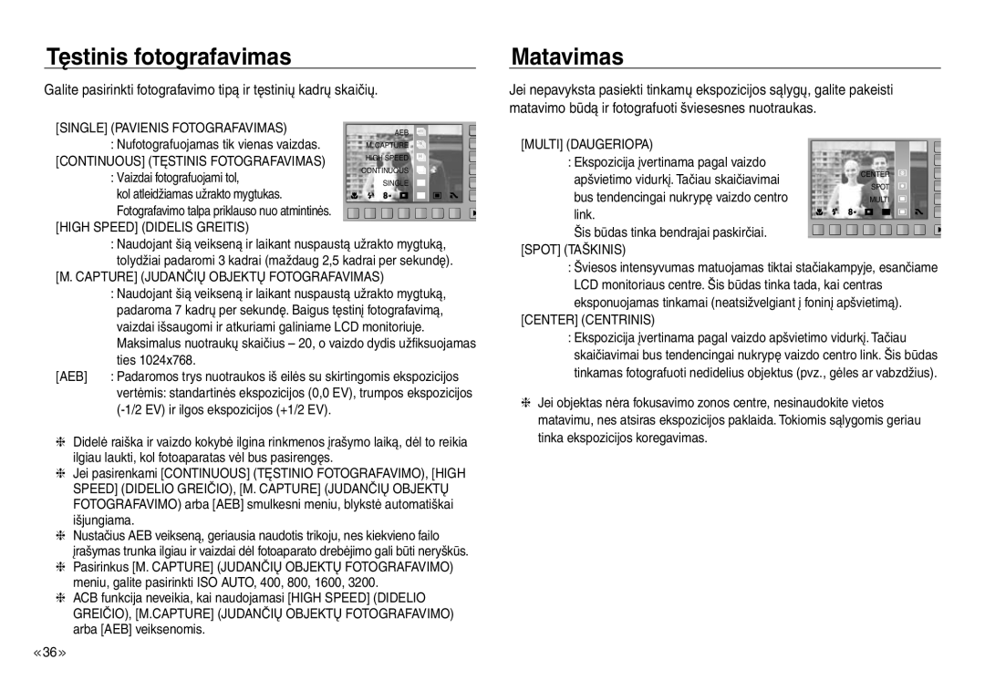 Samsung EC-NV30ZBBA/RU, EC-NV30ZSBA/RU manual Tęstinis fotografavimas, Matavimas 