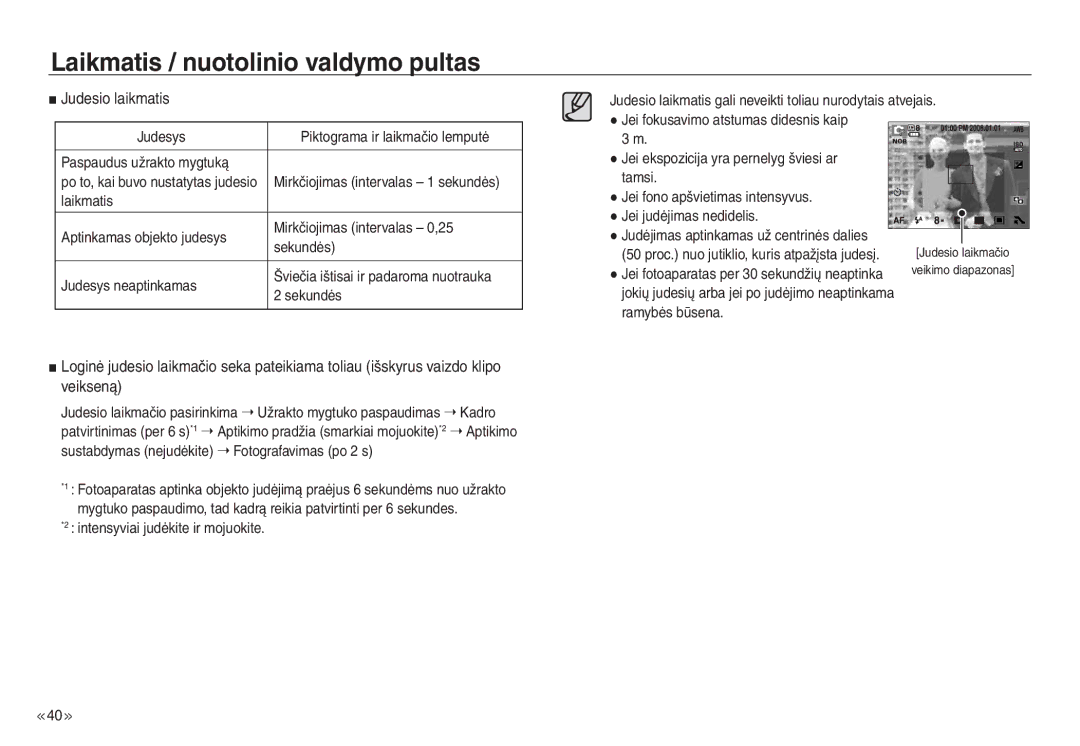 Samsung EC-NV30ZBBA/RU, EC-NV30ZSBA/RU manual Judesio laikmatis, Kadro, Patvirtinimas per 6 s *1, Fotografavimas po 2 s 