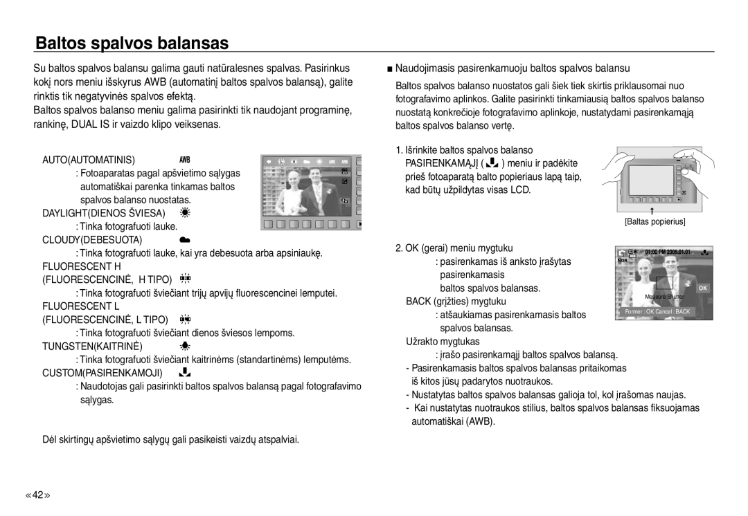 Samsung EC-NV30ZBBA/RU, EC-NV30ZSBA/RU manual Baltos spalvos balansas, Naudojimasis pasirenkamuoju baltos spalvos balansu 