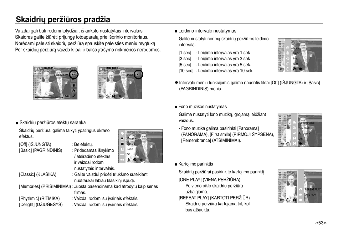 Samsung EC-NV30ZSBA/RU manual Skaidrių peržiūros pradžia, Leidimo intervalo nustatymas, Skaidrių peržiūros efektų sąranka 