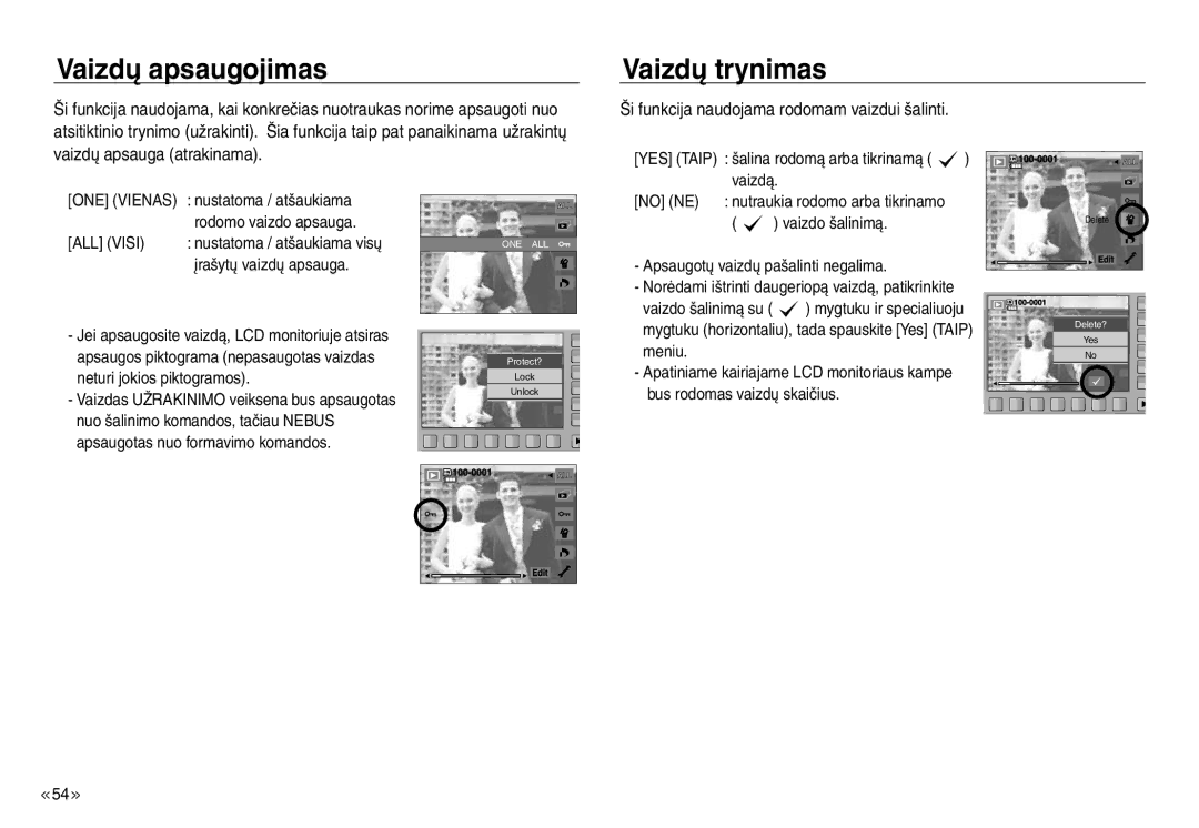 Samsung EC-NV30ZBBA/RU, EC-NV30ZSBA/RU manual Vaizdų apsaugojimas, Vaizdų trynimas, ONE Vienas, ALL Visi 