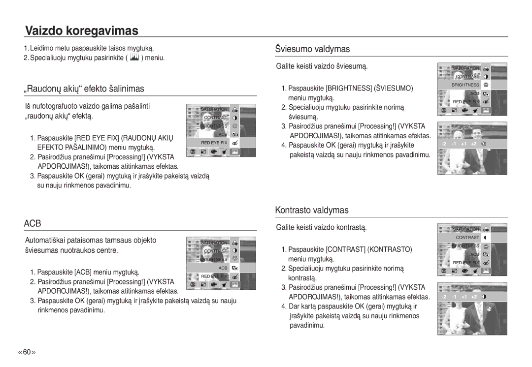 Samsung EC-NV30ZBBA/RU, EC-NV30ZSBA/RU manual Šviesumo valdymas, Kontrasto valdymas, Galite keisti vaizdo šviesumą 