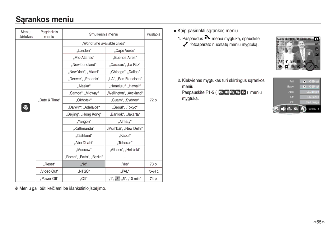 Samsung EC-NV30ZSBA/RU, EC-NV30ZBBA/RU manual Kaip pasirinkti sąrankos meniu, Paspaudus, Paspauskite F1-5 Meniu 