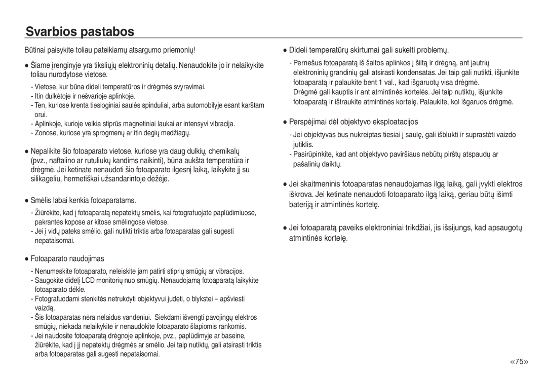 Samsung EC-NV30ZSBA/RU, EC-NV30ZBBA/RU manual Svarbios pastabos, Smėlis labai kenkia fotoaparatams, Fotoaparato naudojimas 