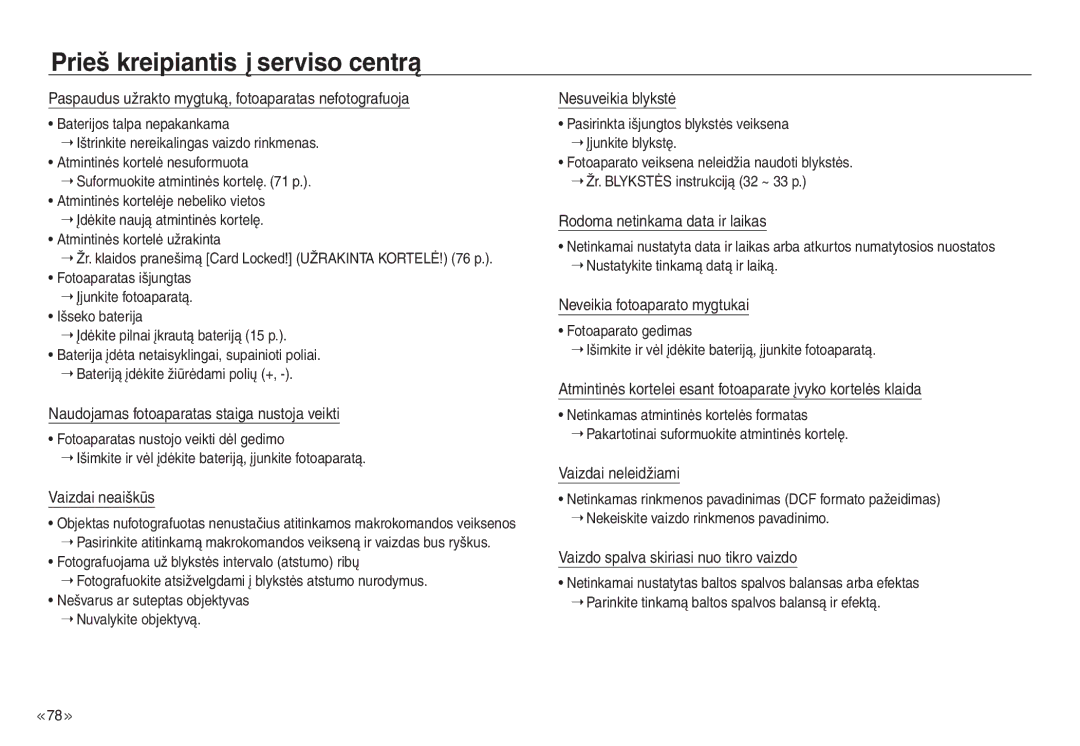 Samsung EC-NV30ZBBA/RU manual Paspaudus užrakto mygtuką, fotoaparatas nefotografuoja, Vaizdai neaiškūs, Nesuveikia blykstė 